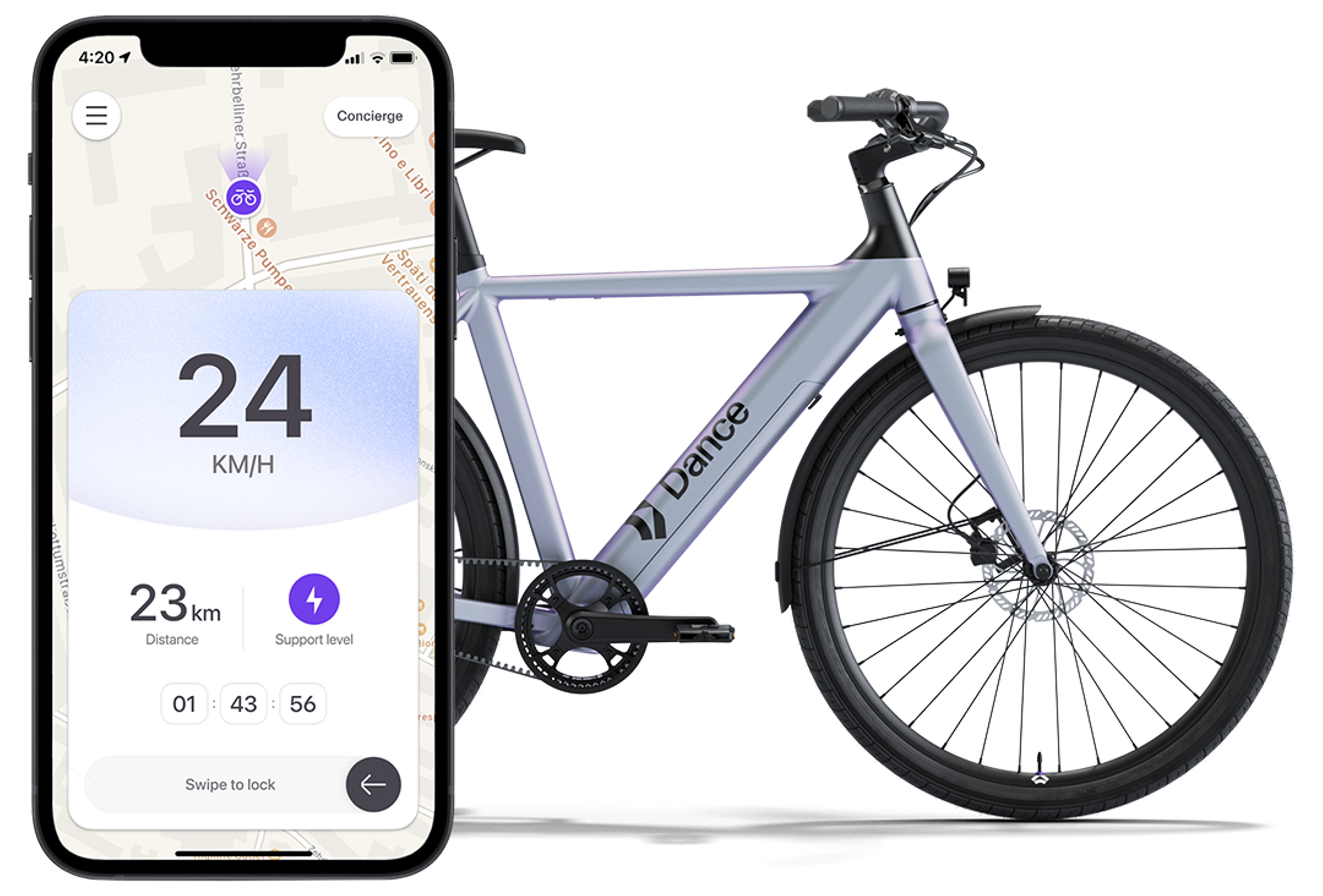 iPhone on the left hand side showing the Dance app's rides screen, Dance diamond frame ebike on the right hand side